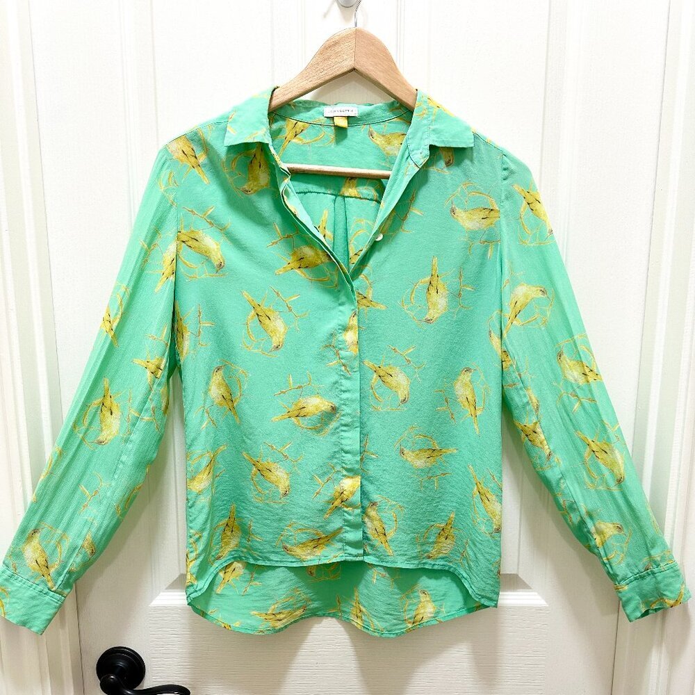 Anthropologie Leifsdottir Women's 100% Silk Blouse Size 0/XS Canary Bird Print